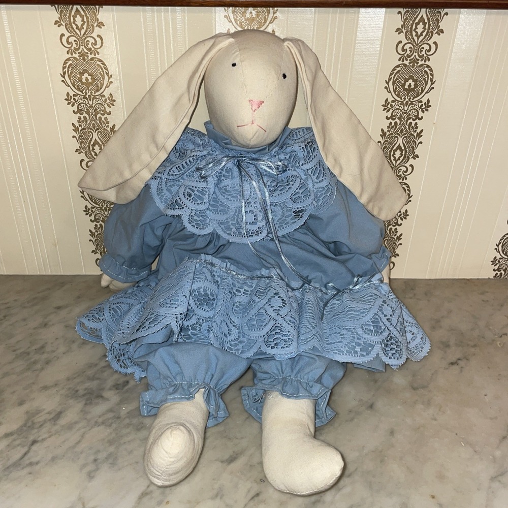 Grannycore Cottage Farmhouse Handmade Fabric Bunny Shelf Sitting Blue Dress Lace
